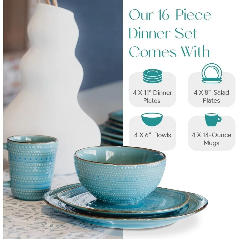 16-Piece Teal Stoneware Dinnerware Set - Cuddle Cloud Emporium