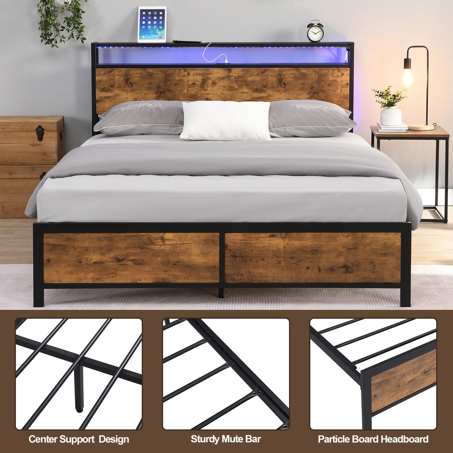 Q/F Size Bed Frame Lights, USB Ports & Storage - Cuddle Cloud Emporium