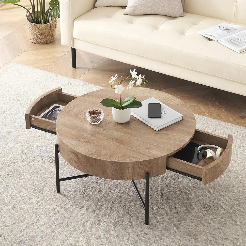 Round Coffee Table Solid Wood Center w/ Two Drawers - Cuddle Cloud Emporium