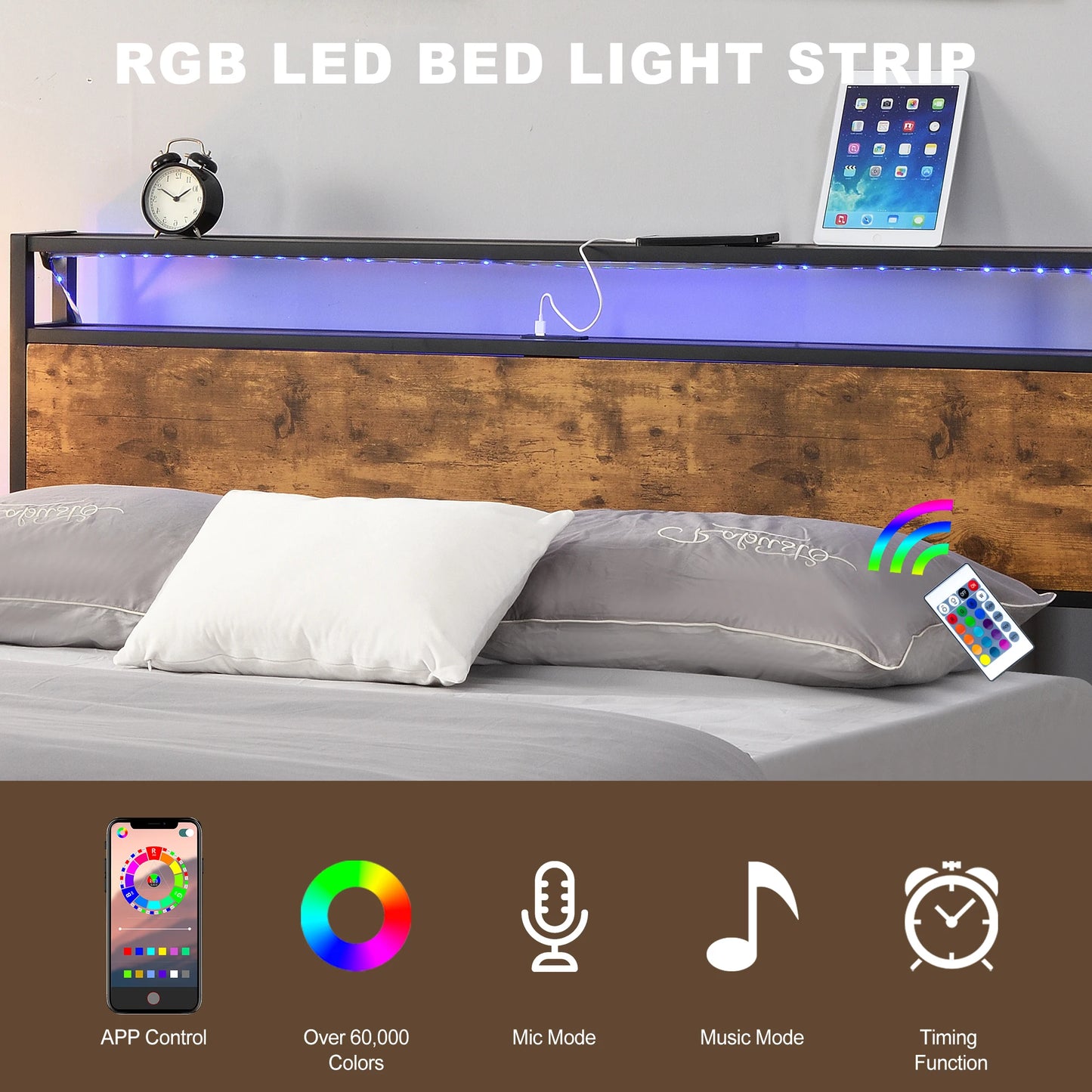 Q/F Size Bed Frame Lights, USB Ports & Storage - Cuddle Cloud Emporium