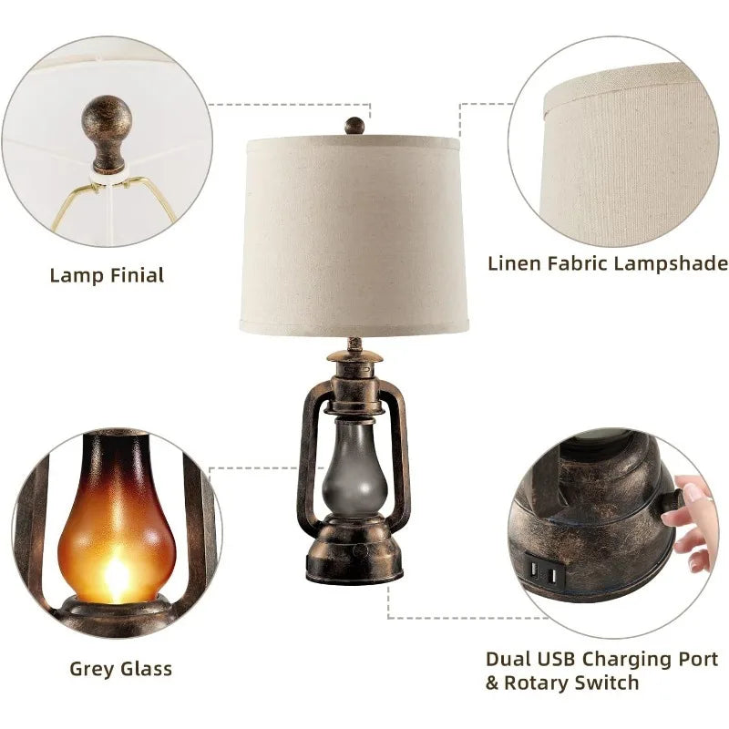 Vintage Lantern Lamp with Dual USB Charging Ports, - Cuddle Cloud Emporium