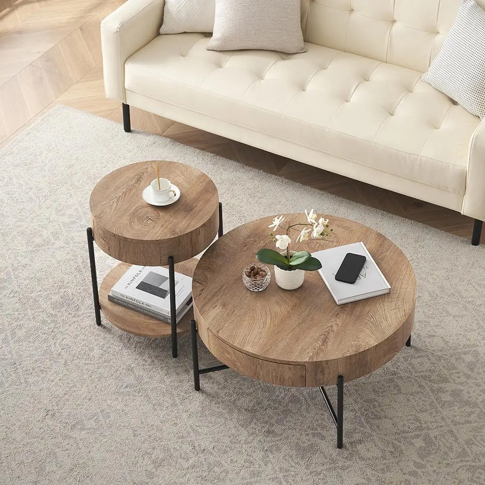 Round Coffee Table Solid Wood Center w/ Two Drawers - Cuddle Cloud Emporium