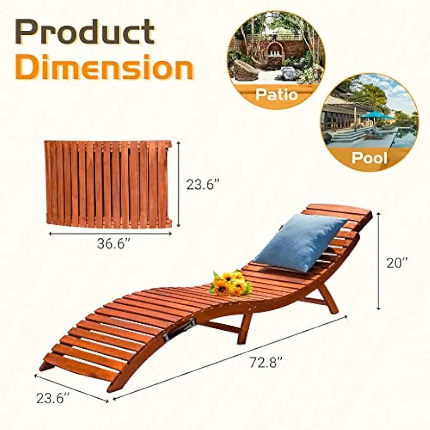 Wood Folding Chaise Lounge Chair Set of 2, Adjustable Headrest - Cuddle Cloud Emporium